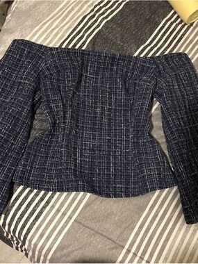 Zara Navy and White Tweed Peplum Top
